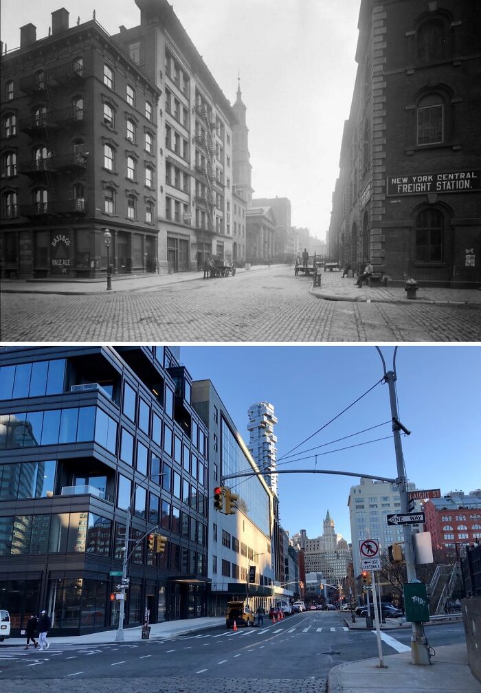 Historic and modern photos showing changes in New York streets, buildings, and urban architecture over time.