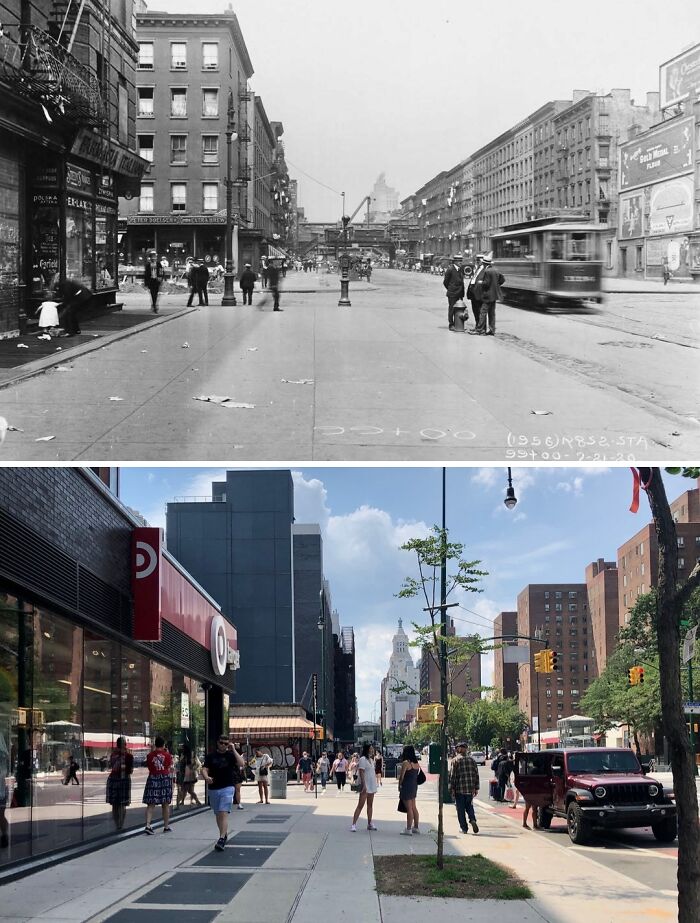 Black and white historic photo and modern color image showing how New York city streets and buildings have changed over time.