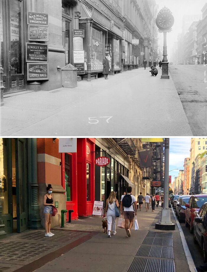 Historic and modern photos of a New York street showing changes in architecture and pedestrian activity over time