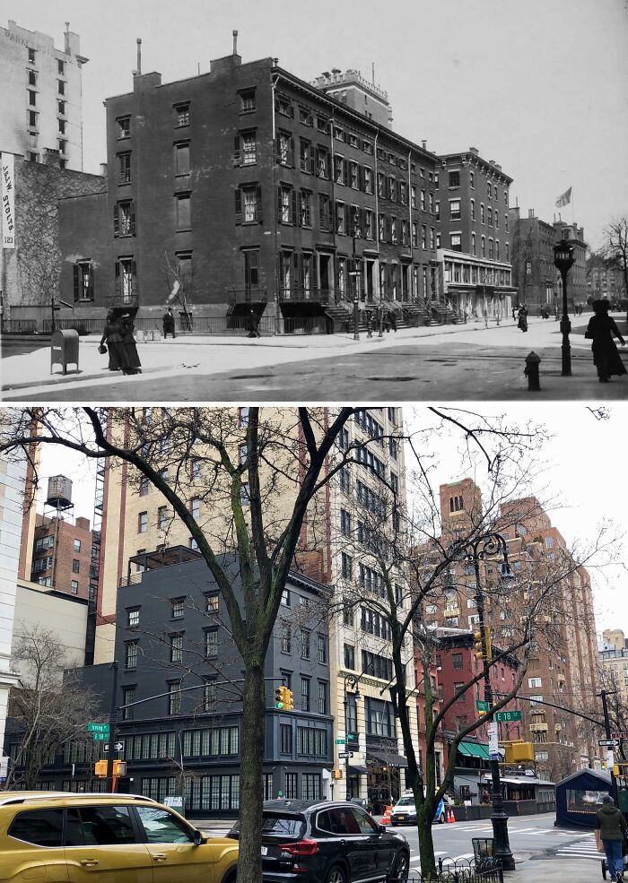 Historic and modern photos showing New York street transformation with old buildings and contemporary urban development.