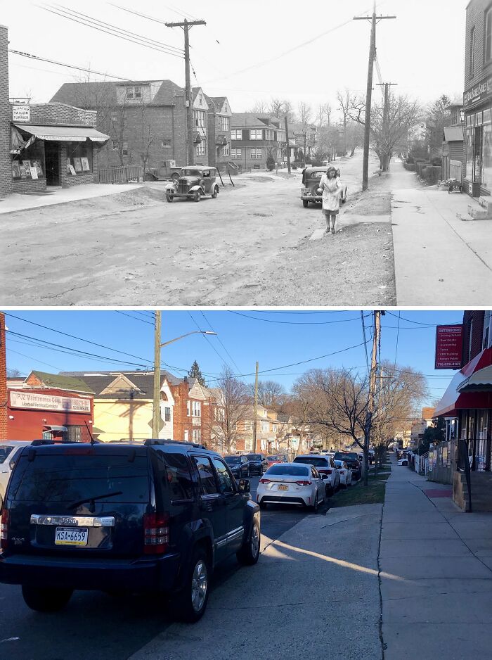 Side-by-side historical and modern photos showing changes in a New York street with buildings and vehicles over time.