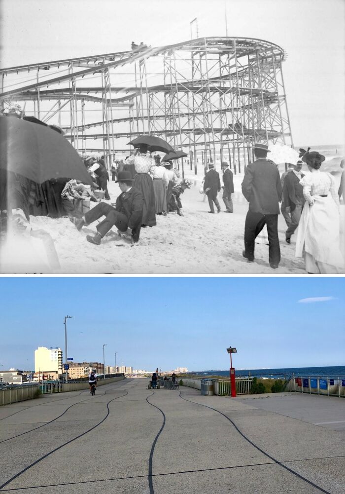 Historical and modern photos showing the evolution of New York beach and boardwalk area over time.