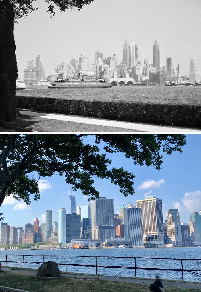 New York skyline compared in historical black and white photo and modern color photo across the water.