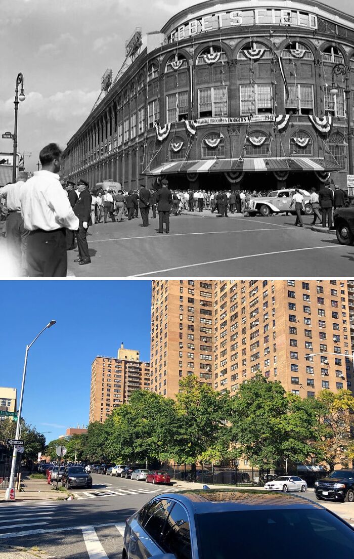 Then and now photos showing how New York streets and architecture have changed over time with modern buildings and vintage scenes
