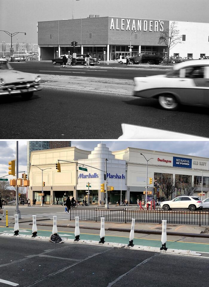 Historic and modern photos showing the changing New York street scene with vintage and current storefronts and vehicles.