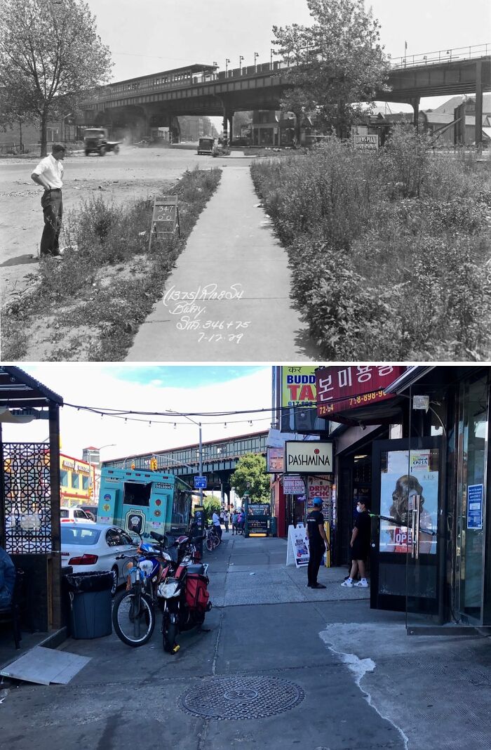 Side-by-side historical and modern photos showing how New York streets and public spaces have changed over time.