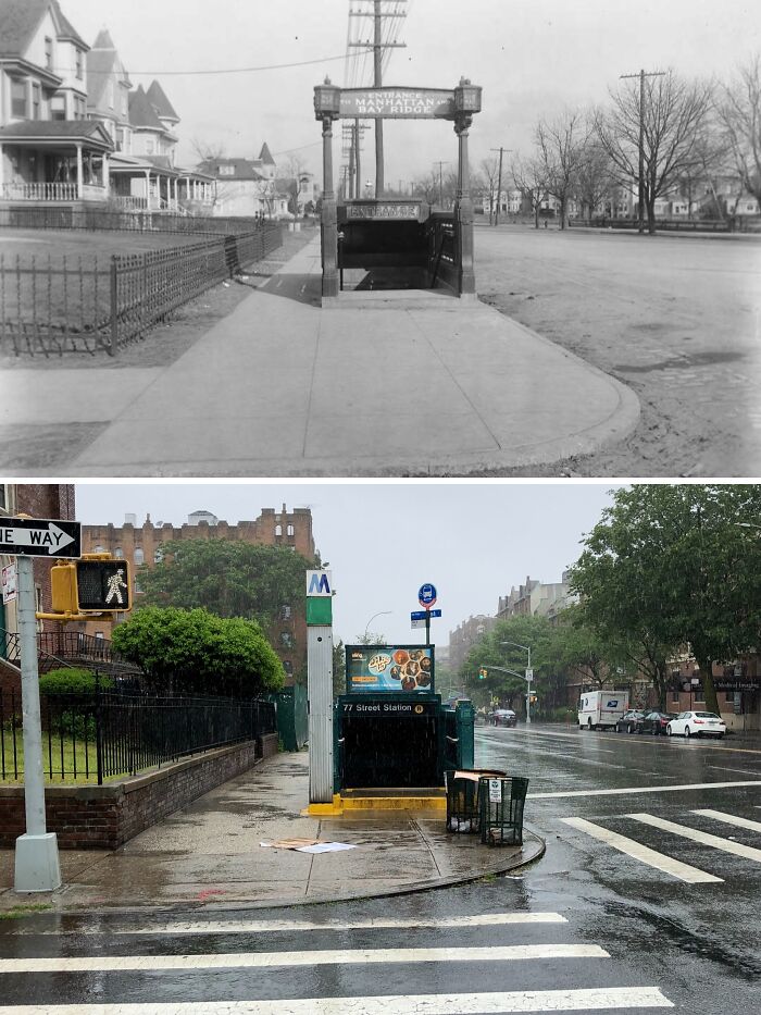 Historical and modern photos of New York show changes at the 77 Street subway entrance and surrounding streetscape.