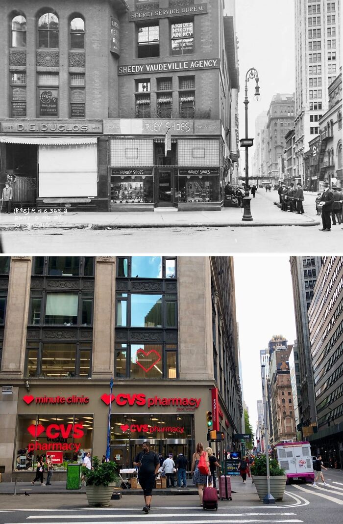 Historic and modern photos of New York street scene showing changes in architecture and urban life over time.