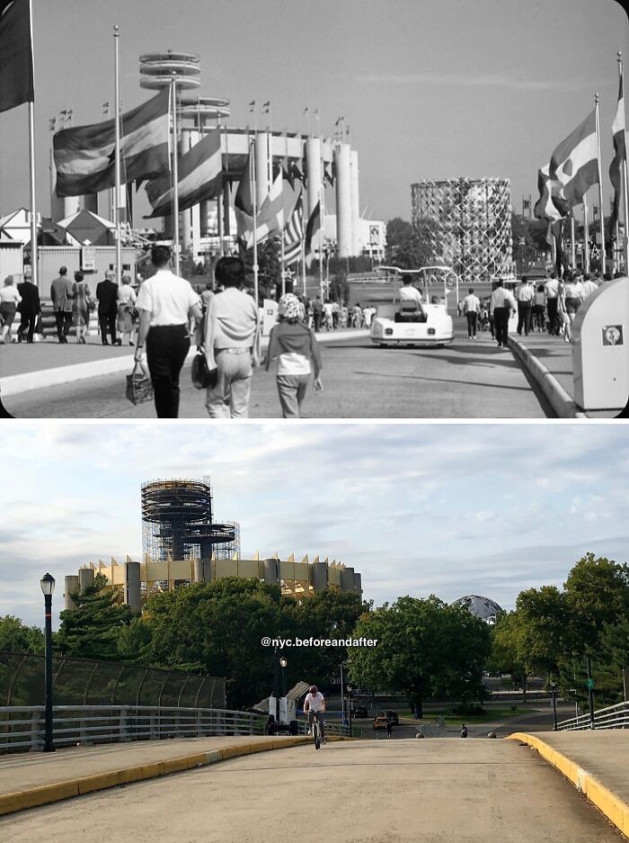 Modern view of New York with the Unisphere and historic structures surrounded by trees along a quiet bike path.