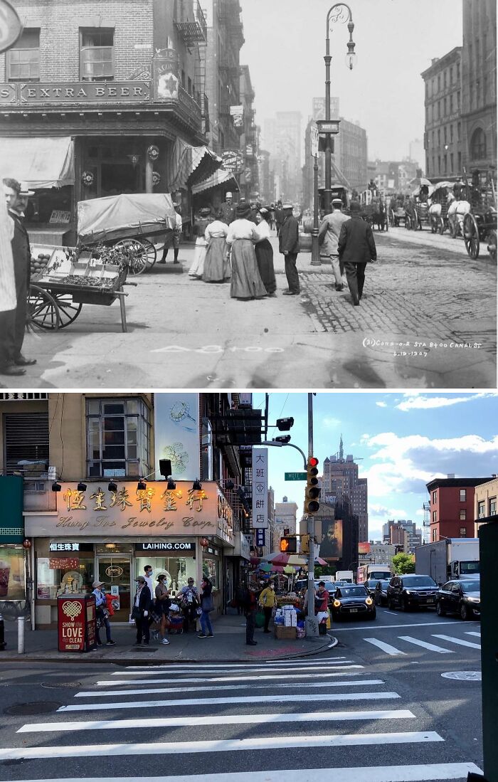 Early 1900s New York street scene with people, horse-drawn carriages, and historic buildings showing how New York has changed.
