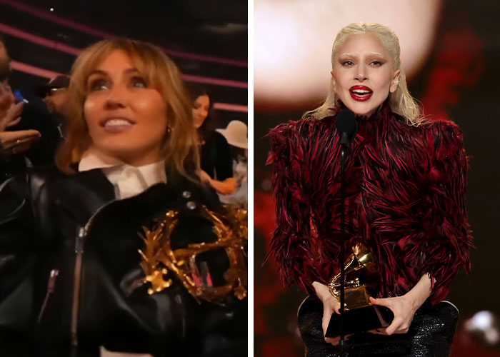 Left side image of a Grammy Awards attendee in leather holding an award; right side of Lady Gaga speaking at the 2026 Grammy Awards.