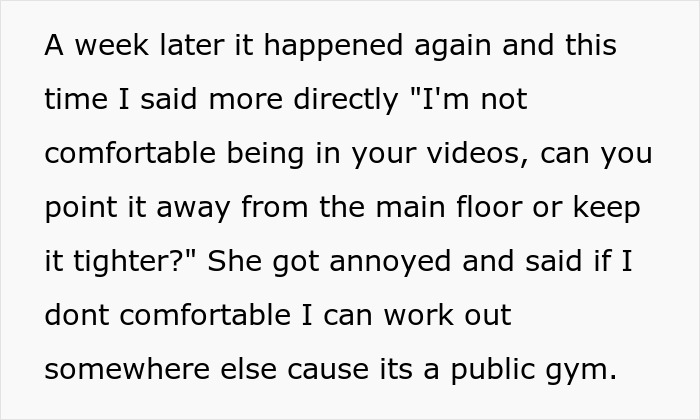 Woman rolls her eyes and calls guy a creep after he asks her to stop filming him at the gym, showing visible annoyance.