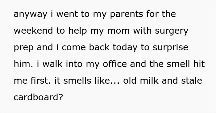 Text message describing unpleasant smell in a home office after DIY soundproofing with stinky egg cartons. Text message describing unpleasant smell in a home office after DIY soundproofing with stinky egg cartons.