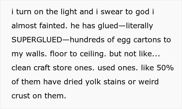 Close-up of a text describing DIY lover using stinky egg cartons glued to walls for soundproofing a home office.