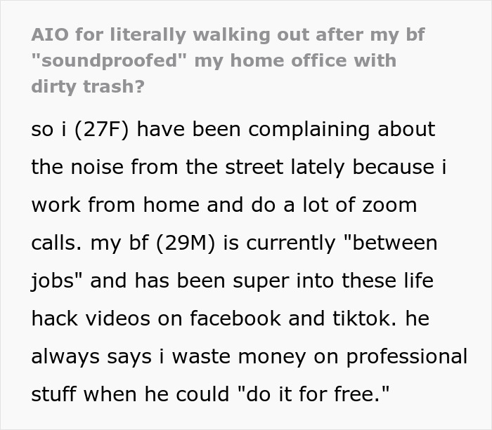 Text post describing a DIY lover using stinky egg cartons to soundproof a girlfriend’s home office, causing frustration. Text post describing a DIY lover using stinky egg cartons to soundproof a girlfriend’s home office, causing frustration.