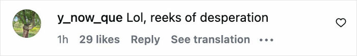 Instagram comment screenshot showing user y_now_que reacting with "Lol, reeks of desperation" to Chappell Roan’s Grammys outfit controversy.