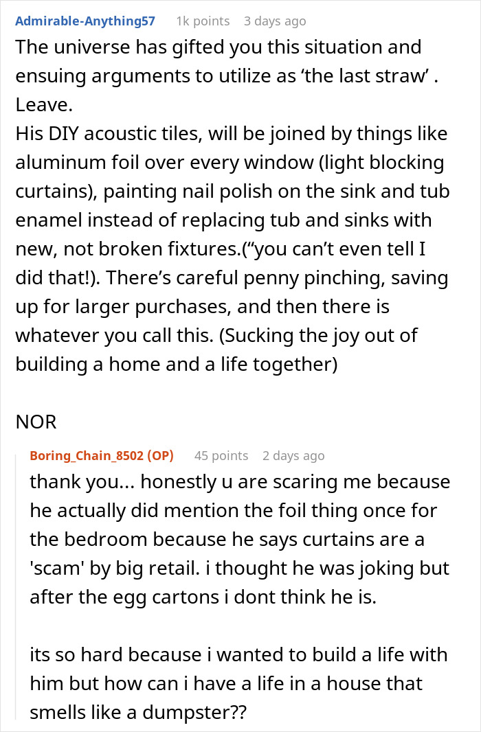 Text conversation discussing DIY lover using egg cartons for soundproofing a home office, causing odor issues and relationship tension. Text conversation discussing DIY lover using egg cartons for soundproofing a home office, causing odor issues and relationship tension.