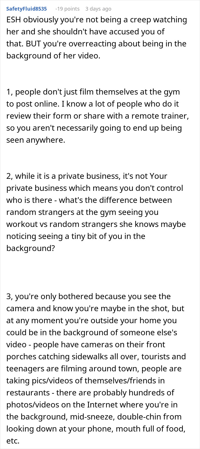 Online discussion post debating if a woman calling a gym guy a creep for filming is justified.