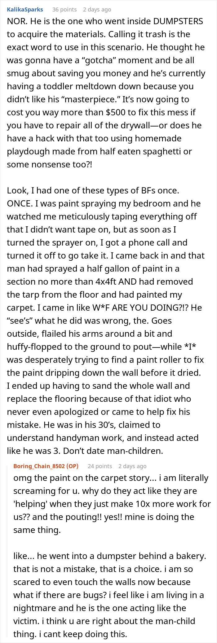 Text conversation discussing frustrations with DIY home repairs and soundproofing using egg cartons. Text conversation discussing frustrations with DIY home repairs and soundproofing using egg cartons.