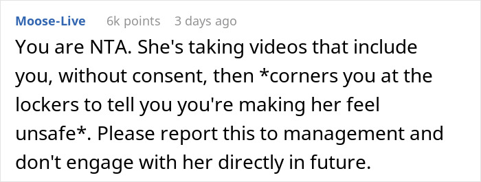 Comment discussing a woman calling a guy a creep after he asks her to stop filming him at the gym.