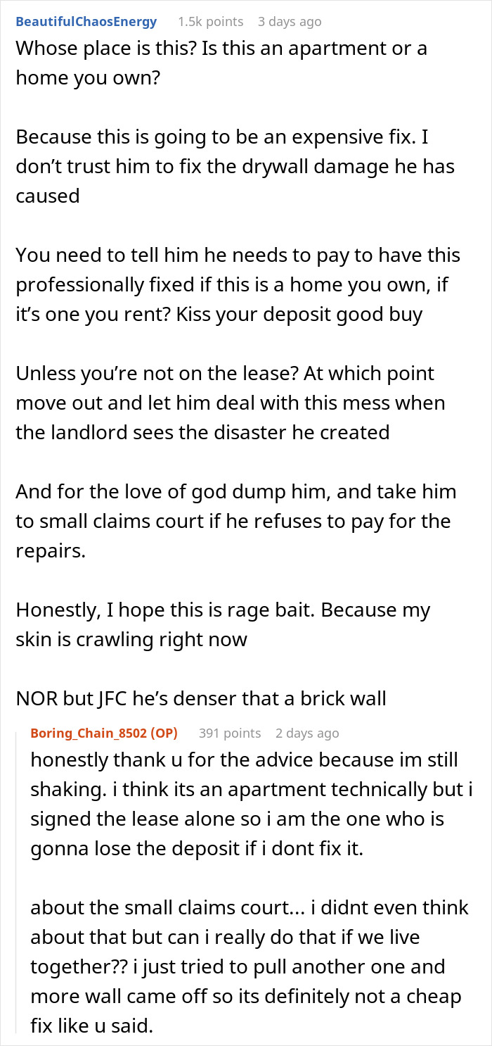 Comment thread discussing drywall damage and repair advice after DIY soundproofing with stinky egg cartons frustrates girlfriend. Comment thread discussing drywall damage and repair advice after DIY soundproofing with stinky egg cartons frustrates girlfriend.