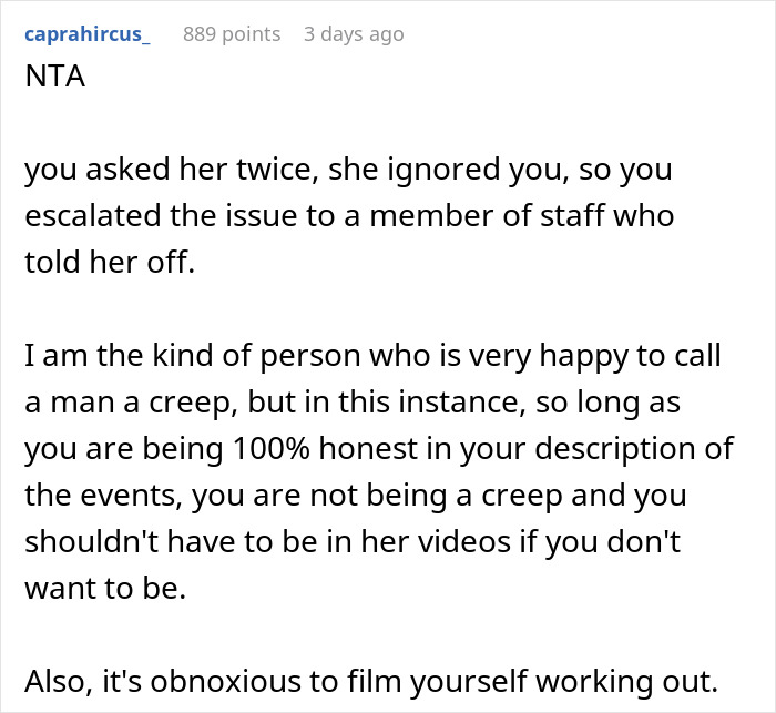 Comment discussing a woman calling a guy a creep after he asks her to stop filming him at the gym.