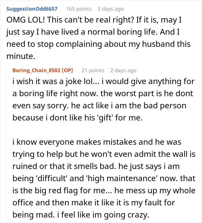 Man uses stinky egg cartons to soundproof home office wall while partner reacts negatively and expresses frustration.