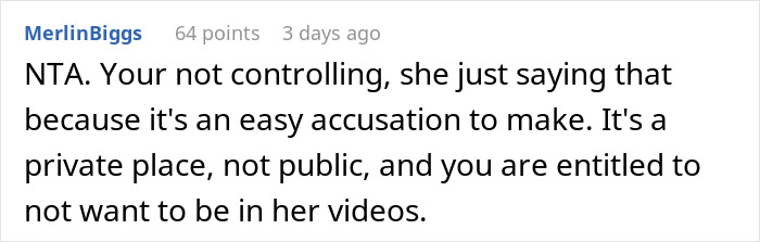 Commenter explaining that filming someone at the gym without consent can lead to being called a creep or accused of controlling behavior.
