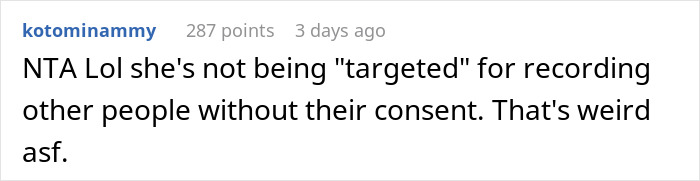 Comment on Reddit discussing a woman calling a guy a creep after he asks her to stop filming him at the gym.