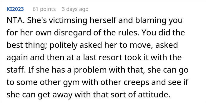 Screenshot of an online comment discussing a gym incident involving a woman calling a guy a creep after being asked to stop filming.