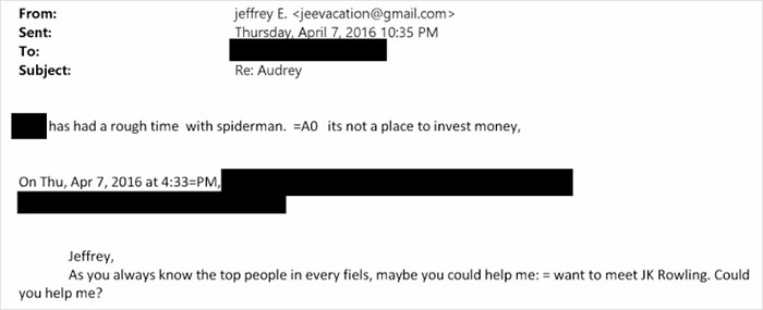 Email screenshot showing a 2016 message from Jeffrey Epstein seeking help to meet J.K. Rowling amid accusations context.