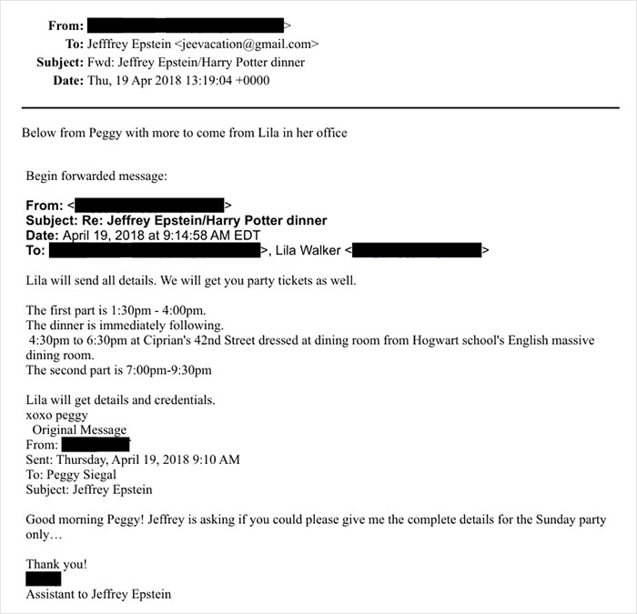 Email screenshot showing forwarded messages about a Jeffrey Epstein and Harry Potter dinner event with J.K. Rowling connections. Email screenshot showing forwarded messages about a Jeffrey Epstein and Harry Potter dinner event with J.K. Rowling connections.