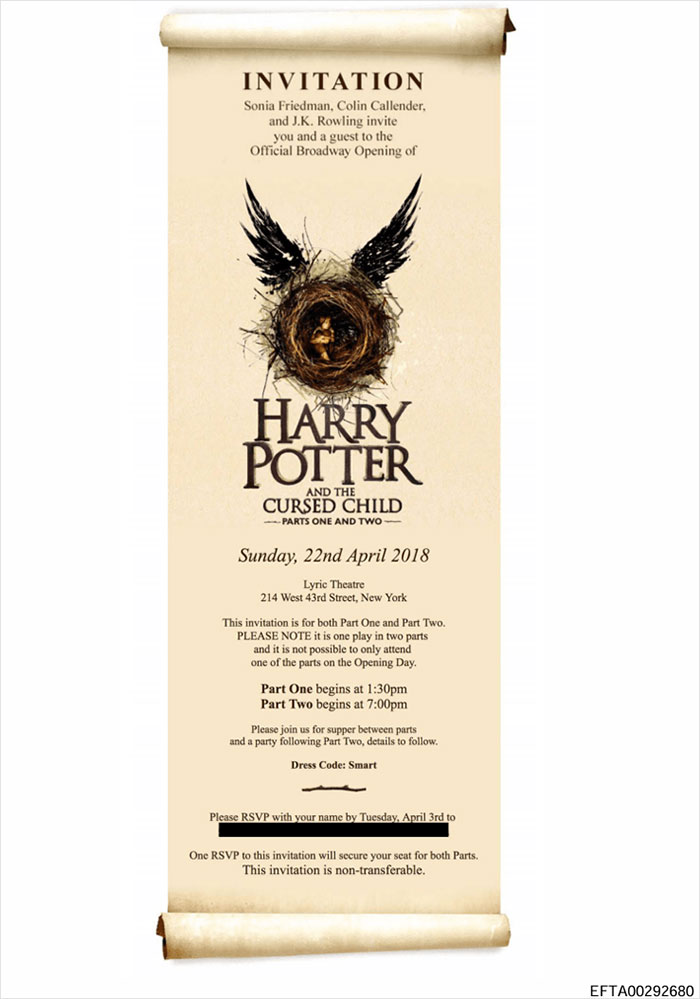 Invitation scroll for Harry Potter and the Cursed Child play by J.K. Rowling, unrelated to Jeffrey Epstein accusations.