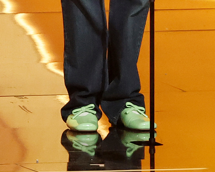 Close-up of Harry Styles wearing shiny green shoes and dark pants during an on-stage appearance at the 2026 Grammys. Close-up of Harry Styles wearing shiny green shoes and dark pants during an on-stage appearance at the 2026 Grammys.