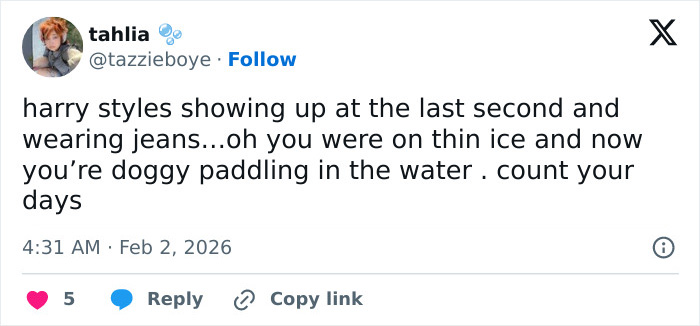 Tweet criticizing Harry Styles' outfit during his on-stage appearance at the 2026 Grammys event. Tweet criticizing Harry Styles' outfit during his on-stage appearance at the 2026 Grammys event.