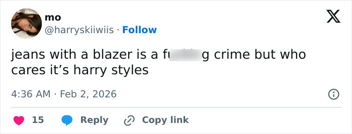 Screenshot of a social media post criticizing Harry Styles’ outfit during his on-stage appearance at the 2026 Grammys. Screenshot of a social media post criticizing Harry Styles’ outfit during his on-stage appearance at the 2026 Grammys.