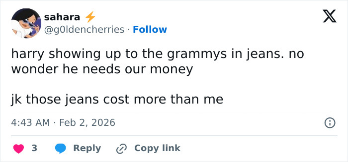 Tweet criticizing Harry Styles outfit at 2026 Grammys showing casual jeans during his on-stage appearance.