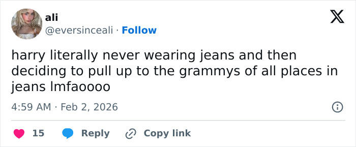 Tweet criticizing Harry Styles for wearing jeans during his on-stage appearance at the 2026 Grammys, sparking outfit backlash.