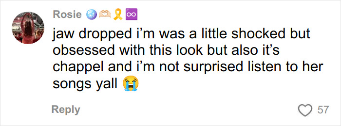 User comment expressing shock and obsession with Chappell Roan’s Grammys outfit, sparking online outrage.