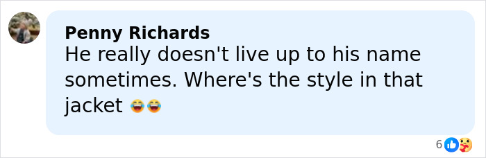 Comment from Penny Richards criticizing Harry Styles' outfit, mentioning lack of style in his jacket during 2026 Grammys appearance. Comment from Penny Richards criticizing Harry Styles' outfit, mentioning lack of style in his jacket during 2026 Grammys appearance.