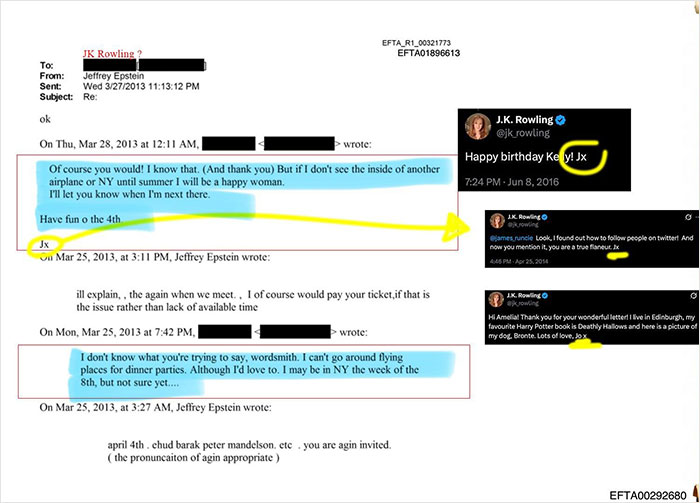 Screenshot of alleged email and tweets linked to J.K. Rowling, related to Jeffrey Epstein accusations and communications.