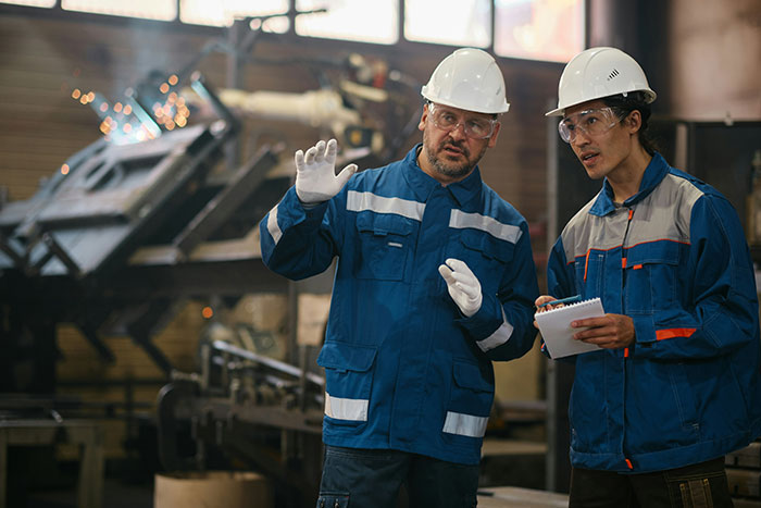 Two factory workers in hard hats discussing safety measures in an industrial setting, illustrating workplace dynamics.