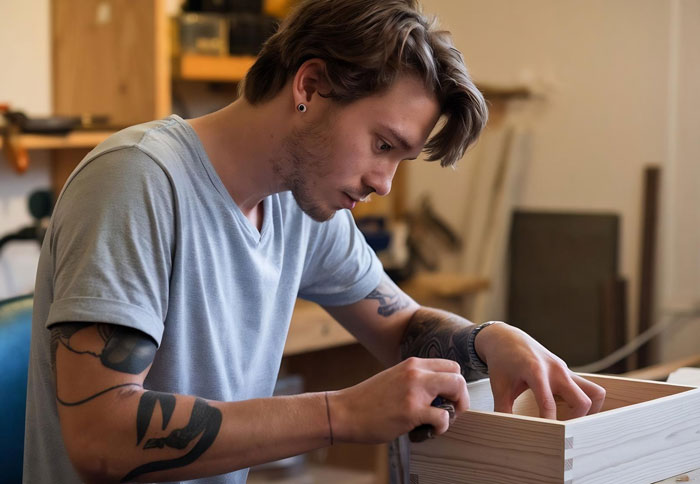 Young DIY lover focused on crafting wooden furniture, using stinky egg cartons for soundproofing her home office.