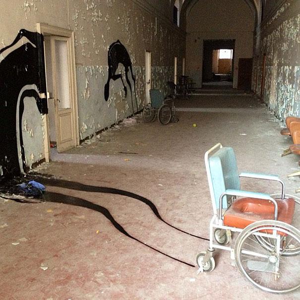 Street Artist Paints Ghostly Shadows in Abandoned Psychiatric Hospital