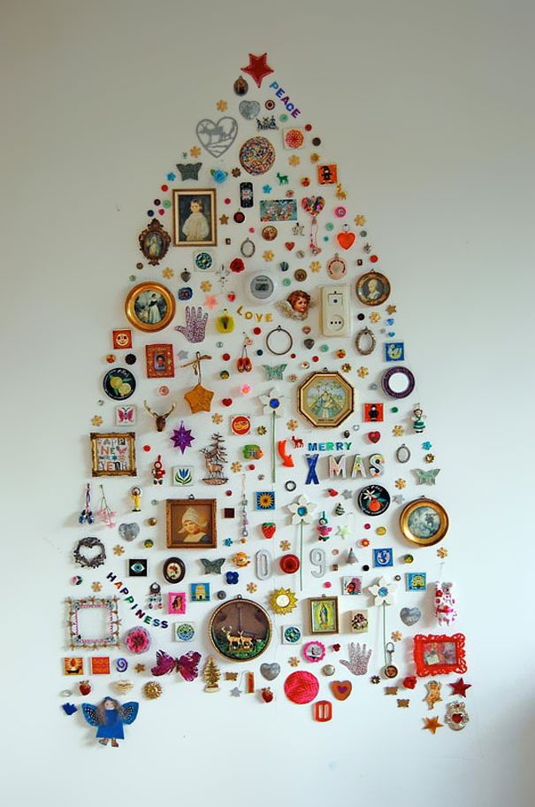 Creative DIY Christmas tree made from assorted colorful wall decorations. Creative DIY Christmas tree made from assorted colorful wall decorations.