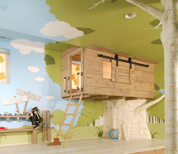 Wooden treehouse room with ladder and playful forest mural, showcasing amazing design ideas to make your house awesome. Wooden treehouse room with ladder and playful forest mural, showcasing amazing design ideas to make your house awesome.