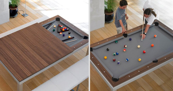 Modern pool table with sliding wooden cover in a bright room, showcasing amazing design ideas for a stylish house interior. Modern pool table with sliding wooden cover in a bright room, showcasing amazing design ideas for a stylish house interior.