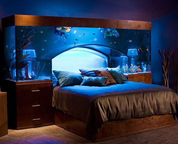 Unique bedroom design featuring a built-in aquarium headboard, showcasing amazing design ideas for a stylish house interior. Unique bedroom design featuring a built-in aquarium headboard, showcasing amazing design ideas for a stylish house interior.