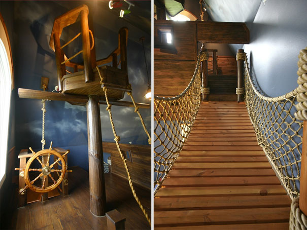Room with pirate ship themed wooden design elements and rope bridge showcasing creative house design ideas. Room with pirate ship themed wooden design elements and rope bridge showcasing creative house design ideas.