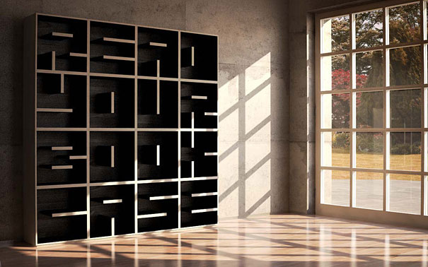 Creative bookshelf design featuring bold typography in a sunlit room. Creative bookshelf design featuring bold typography in a sunlit room.